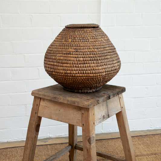 Antique French Coiled Rye Basket with Lid; France, 19th C.