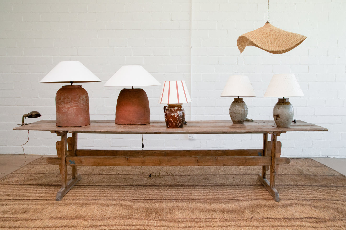 Vintage Terracotta Jug Lamps with Linen Coolie Shade (Each Sold Separately)
