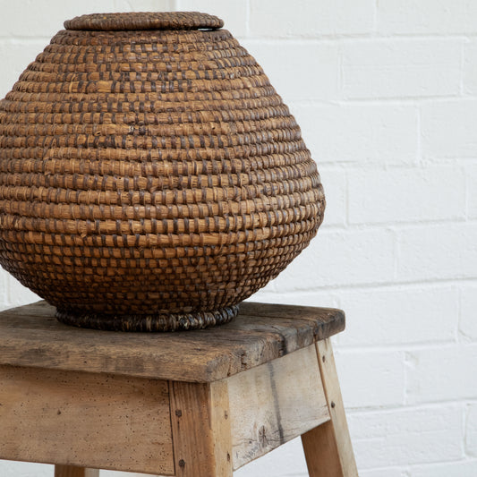 Antique French Coiled Rye Basket with Lid; France, 19th C.