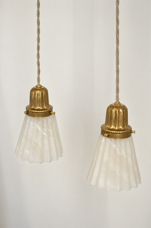 Pair of Frosted Glass and Brass Pendants