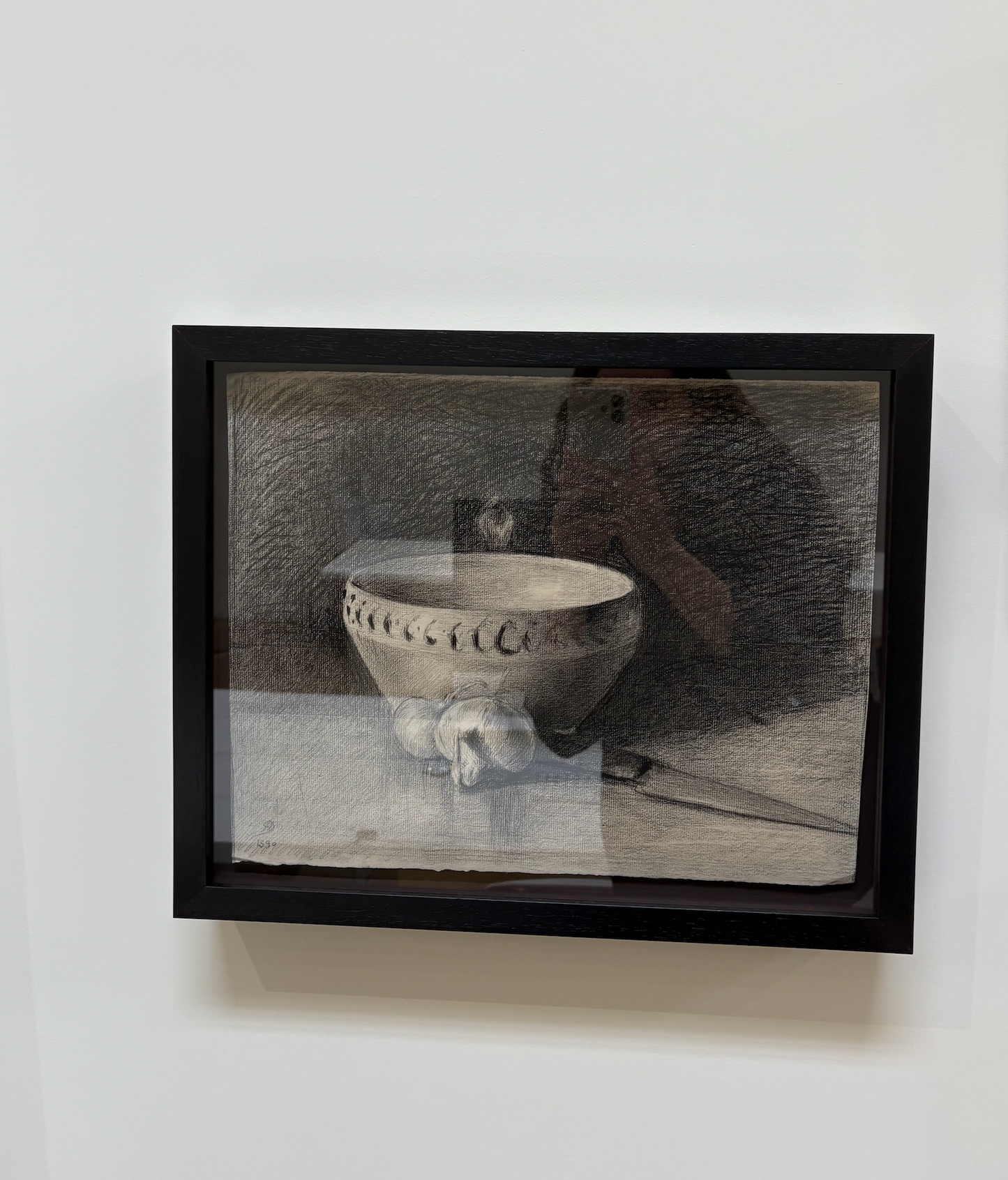 Antique French Still Life Charcoal Drawing with Garlic, Bowl, and Knife