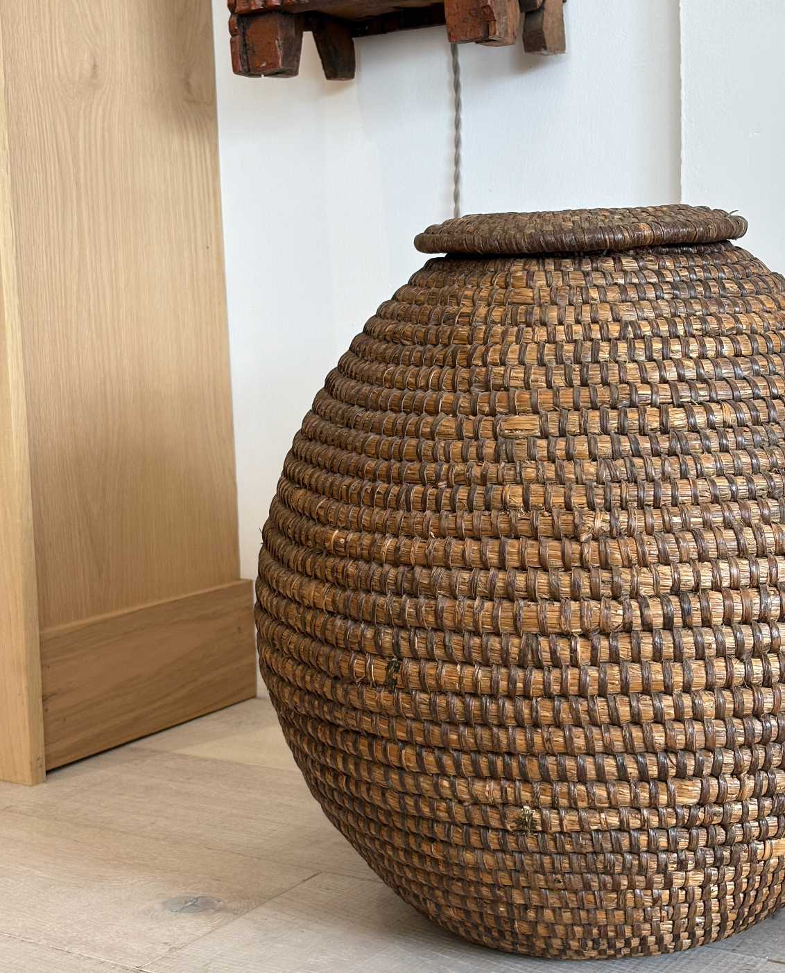 Antique French Coiled Rye Basket with Lid; France, 19th C.