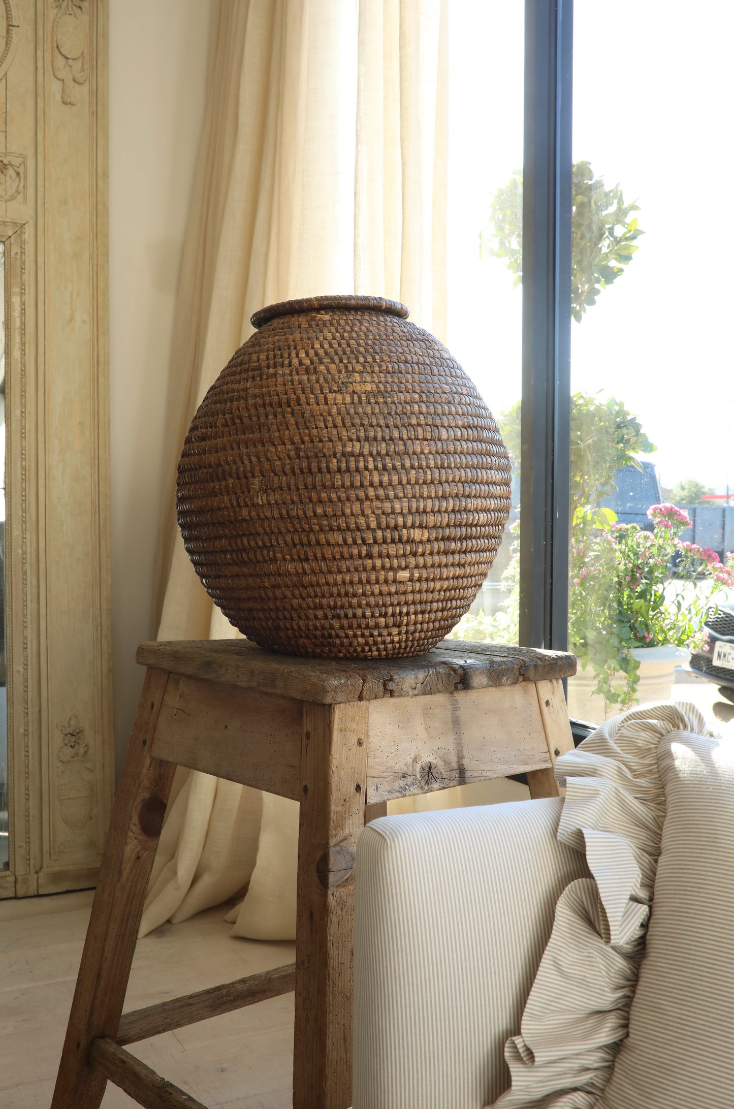 Antique French Coiled Rye Basket with Lid; France, 19th C.