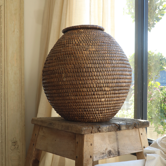 Antique French Coiled Rye Basket with Lid; France, 19th C.